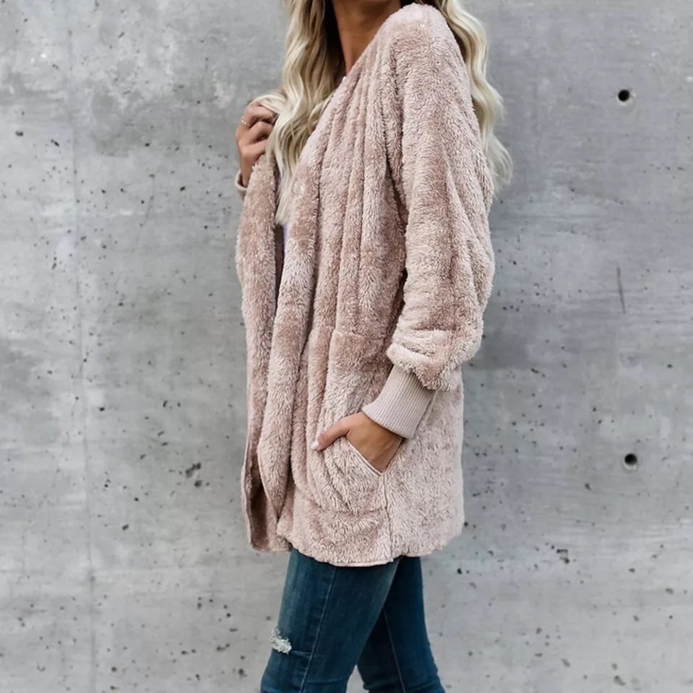 Tan Super Soft Cozy Pocket Hood Sherpa Lightweight Fleece Teddy Cardigan Coat - Picture 4 of 11